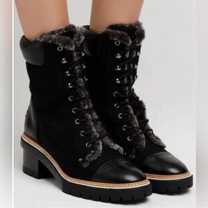 Tory Burch Shearling Wool Leather Miller Lug Sole Black/Grey Bootie size 10.5